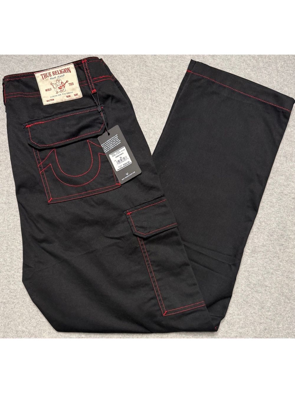 True Religion NWT Cargo Pants Jet Black Red Stitch Men’s 36